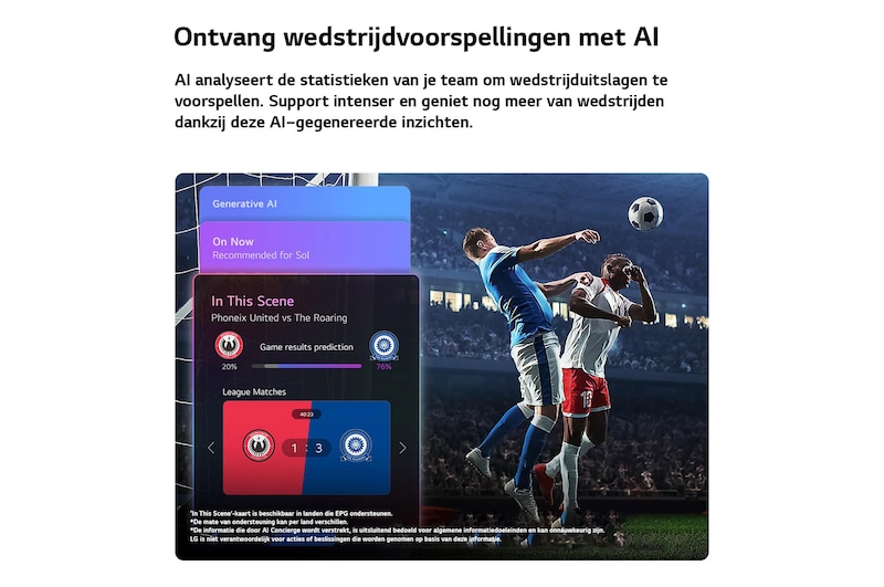 Een LG QNED evo AI QNED70 Mini LED Sports Forecast van AI Concierge toont een live voetbalwedstrijd met een AI-paneel op het scherm dat voorspellingen, wedstrijdinformatie en competitiegegevens weergeeft, en laat zien hoe AI het spel analyseert om de uitslag van wedstrijden te voorspellen. 